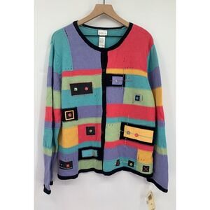 Vintage Koret Patchwork Sweater Womens XL Colorblock Colorful Cottage Art NEW